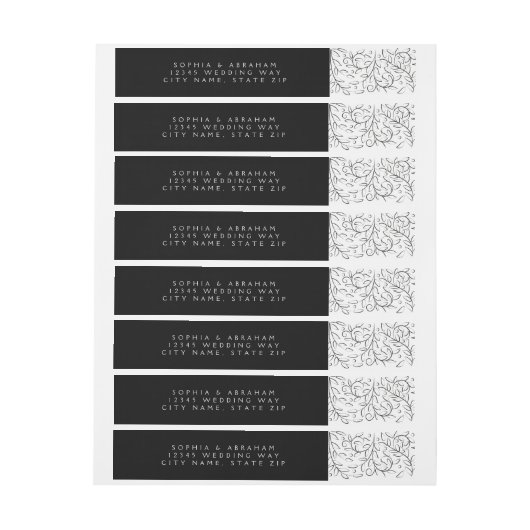 Formelle Scrolling-Blätter Schwarz-Weiß-Hochzeit Rundum-Adressaufkleber (Bogen)