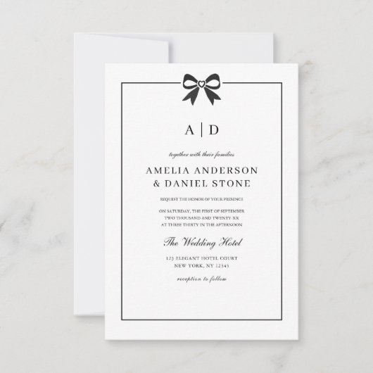 Formeller QR-Code Schwarz-Weiß-Bow-Monogramm Einladung (Vorderseite)