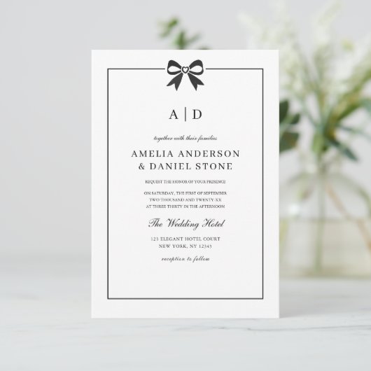 Formeller QR-Code Schwarz-Weiß-Bow-Monogramm Einladung (Stehend Vorderseite)
