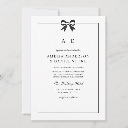 Formeller QR-Code Schwarz-Weiß-Bow-Monogramm Einladung (Vorderseite)