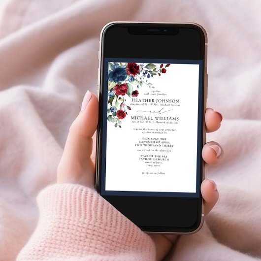 Formelles blaues Burgundy-Wasser-Farbskript Einladung