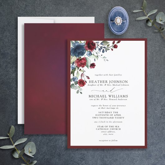 Formelles Burgundy- und Navy-Floral-Aquarellschrif Einladung