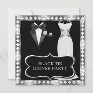 Formelles Dinnerparty Weiß Schwarz Gala Hollywood Einladung