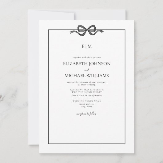 Formelles elegantes Schwarz-Weiß-Bow-Monogramm Einladung (Vorderseite)