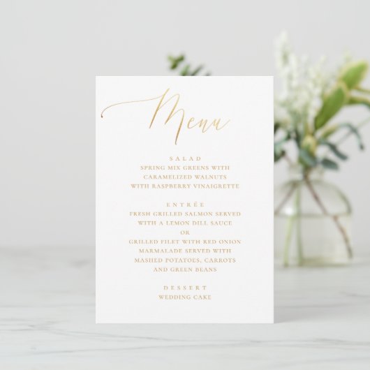 Formelles Gold-Script | Minimalistische Hochzeit Menükarte (Stehend Vorderseite)