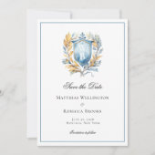 Formelles klassisches Blue Wappen Monogram Wedding Save The Date (Vorderseite)