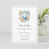 Formelles klassisches Blue Wappen Monogram Wedding Save The Date (Stehend Vorderseite)