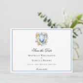 Formelles klassisches Blue Wappen Monogram Wedding Save The Date (Stehend Vorderseite)