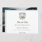 Formelles klassisches Blue Wappen Monogram Wedding Save The Date (Vorne/Hinten)