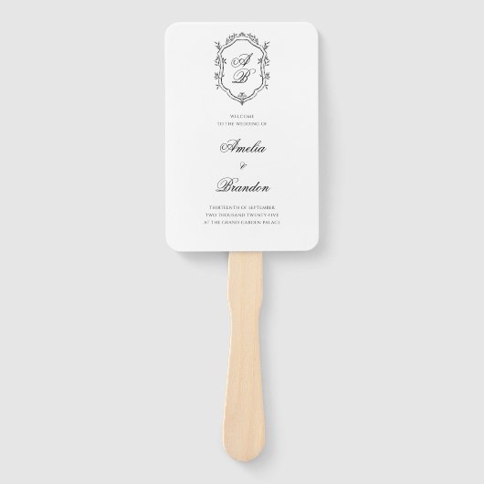 Formelles Schwarz-weißes Monogramm Wappen-Hochzeit Fächer (Vorderseite)