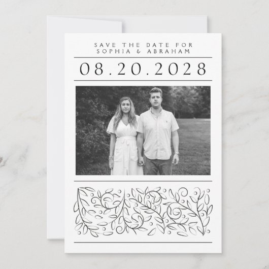 Formelles Scrollen von Blätter Schwarz-Weiß-Foto Save The Date (Vorderseite)