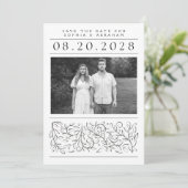 Formelles Scrollen von Blätter Schwarz-Weiß-Foto Save The Date (Stehend Vorderseite)