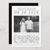 Formelles Scrollen von Blätter Schwarz-Weiß-Foto Save The Date (Vorne/Hinten)