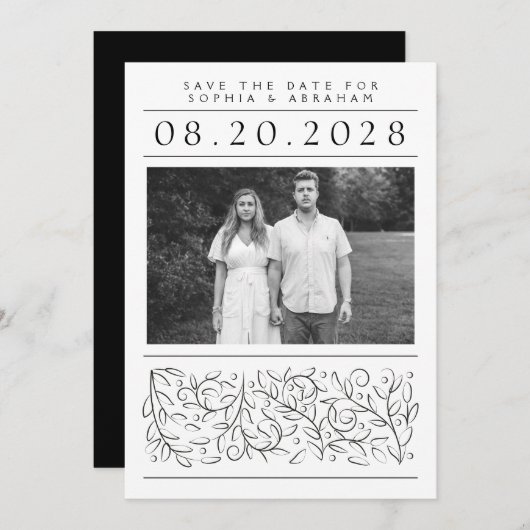 Formelles Scrollen von Blätter Schwarz-Weiß-Foto Save The Date (Vorne/Hinten)