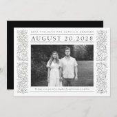 Formelles Scrollen von Blätter Schwarz-Weiß-Foto Save The Date (Vorne/Hinten)