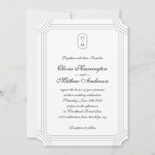 Formelles Skript mit geometrischem Rahmen Monogram Einladung (Vorderseite)