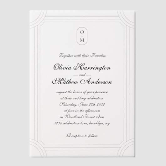 Formelles Skript mit geometrischem Rahmen Monogram Pergament Einladungen (Vorderseite)