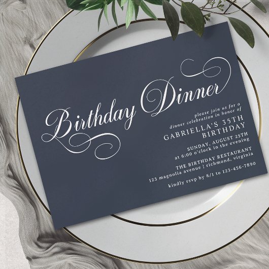 Formelles Skript | Modern Navy Blue Birthday Dinne Einladung