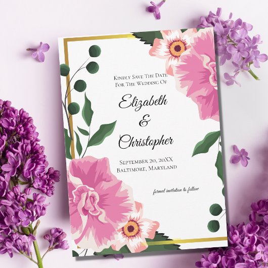 Formliche Aufnahme Rosa und grüne Blüte Save the D Save The Date