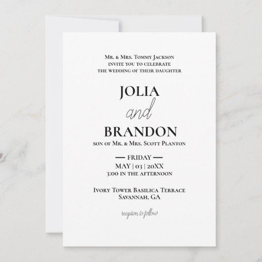 Förmliche klassische Minimal-Weiß- und Schwarz-Hoc Einladung (Vorderseite)