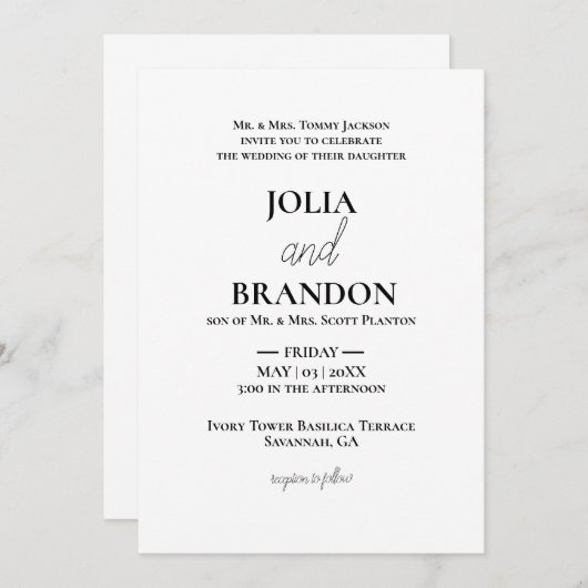 Förmliche klassische Minimal-Weiß- und Schwarz-Hoc Einladung (Vorne/Hinten)