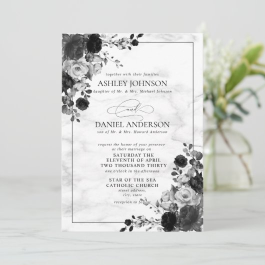 Förmliche Schwarz-Weiß-Blume Einladung (Stehend Vorderseite)