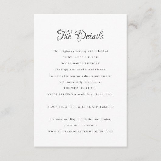 Förmliche Vintage kalligraphische Hochzeitsdetails Begleitkarte (Vorderseite)
