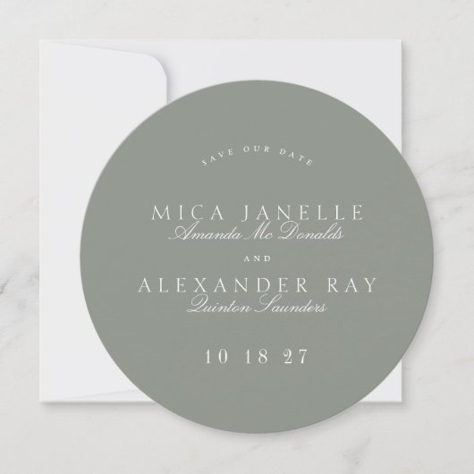 Förmliches Classic Sage Green Calligraphy Round Fo Save The Date (Vorderseite)