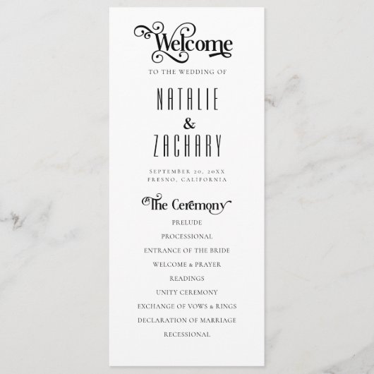 Förmliches Typografie-Schwarz-weiß-Hochzeitsprogra Programm (Vorderseite)