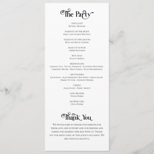 Förmliches Typografie-Schwarz-weiß-Hochzeitsprogra Programm (Rückseite)