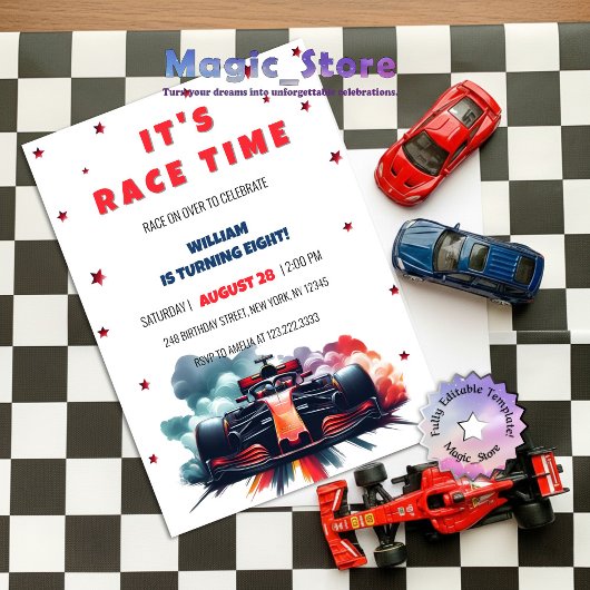 Formula Race Car Red Smoke Stars F1 Birthday Einladung
