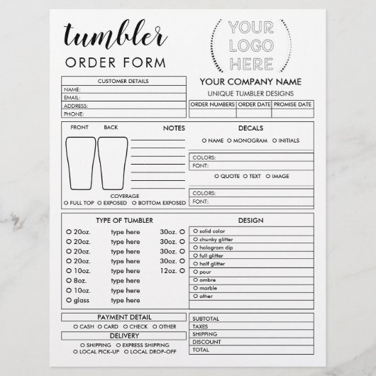Formular für die Bestellung der Tasse Tumbler Flyer (Vorne)
