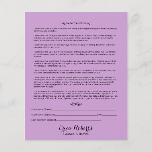 Formular für Lila Haftungsfreistellung von Eyelash Flyer (Hinten)