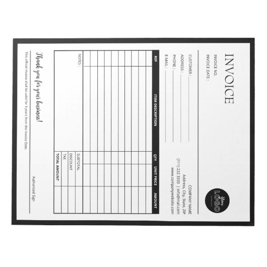 Formulare für die schwarzen, modernen Geschäftskon Notizblock (Vorderseite)