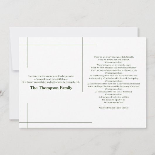 Forrest Green & White in Love Memory Beerdigung Dankeskarte (Rückseite)