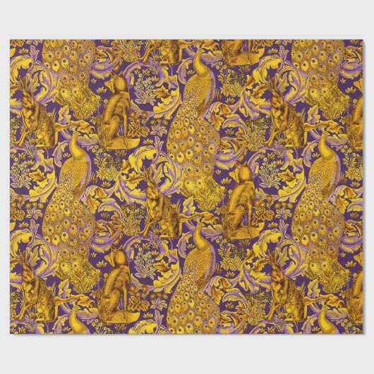FORSTTIERE, FOX, PEACOCK, HARE, Lila Blüten Geschenkpapier (Flach)