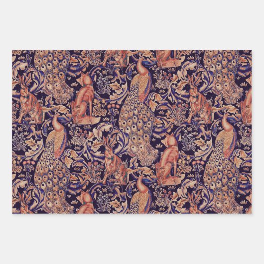 FORSTTIERE, FOX, PEACOCK, HARE, ROTE GRÜNE BLUME GESCHENKPAPIER SET (Vorderseite 3)