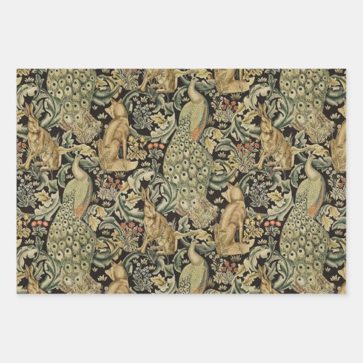 FORSTTIERE, FOX, PEACOCK, HARE, ROTE GRÜNE BLUME GESCHENKPAPIER SET (Vorderseite 2)