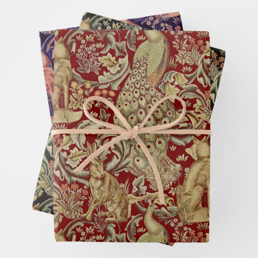 FORSTTIERE, FOX, PEACOCK, HARE, ROTE GRÜNE BLUME GESCHENKPAPIER SET (Beispiel)