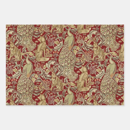 FORSTTIERE, FOX, PEACOCK, HARE, ROTE GRÜNE BLUME GESCHENKPAPIER SET (Vorderseite)
