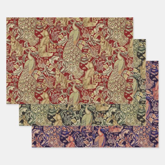 FORSTTIERE, FOX, PEACOCK, HARE, ROTE GRÜNE BLUME GESCHENKPAPIER SET (Set)