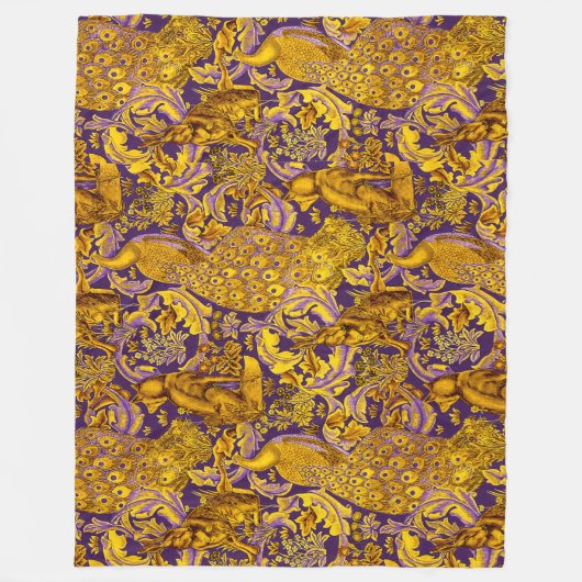 FORSTTIERE, FOX, PEACOCK, LILA BLUMENGOLD FLEECEDECKE (Vorderseite)