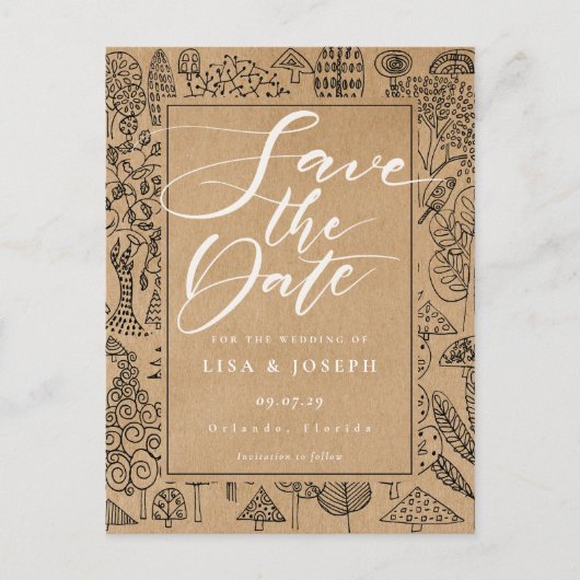 Forstwald Rustic Kraft Drehbuch Save the Date Postkarte (Vorderseite)