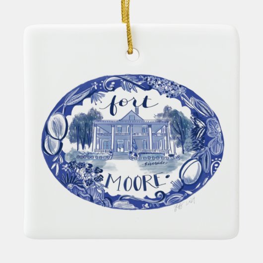 Fort Moore Riverside Chinoiserie Weihnachtsnachtsn Keramikornament (Vorderseite)