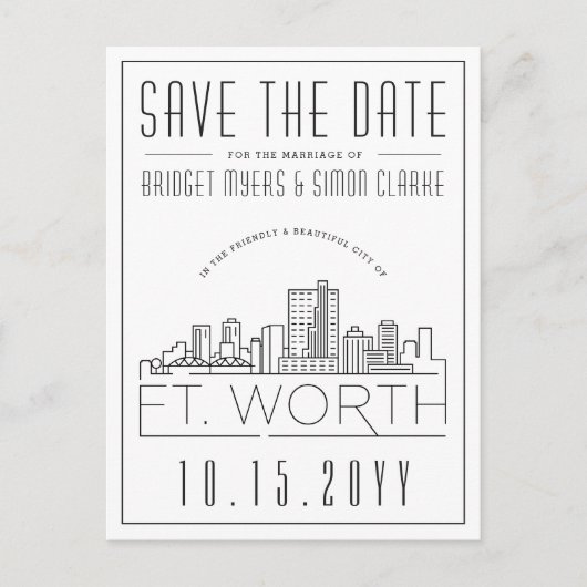 Fort Wort Wedding | Stilisierte Skyline Save the D Postkarte (Vorderseite)