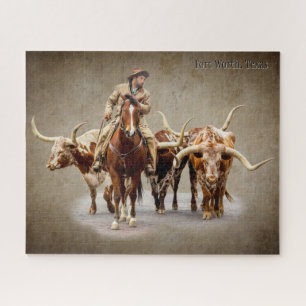 Fort Worth Cattle Drive in Textured Sepia Puzzle