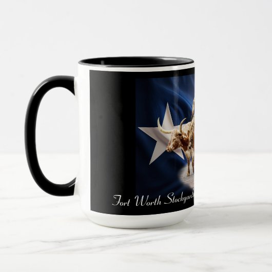 Fort Worth Stock Yards Texas Flag auf schwarz, Tas Tasse (Links)