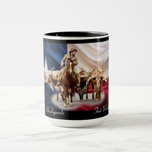 Fort Worth Stock Yards Texas Flag auf schwarz, Tas Tasse (Zentrum)