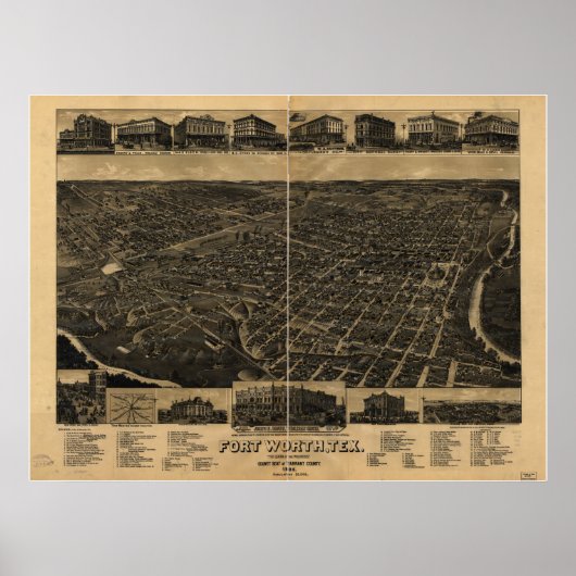 Fort Worth Texas 1886 Antik Panoramablick Karte Poster (Vorne)