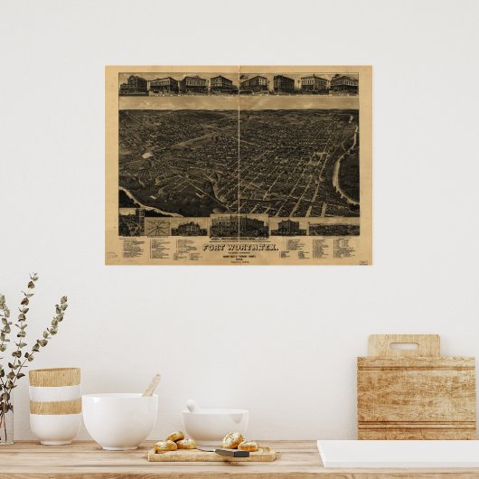 Fort Worth Texas 1886 Antik Panoramablick Karte Poster (Küche)
